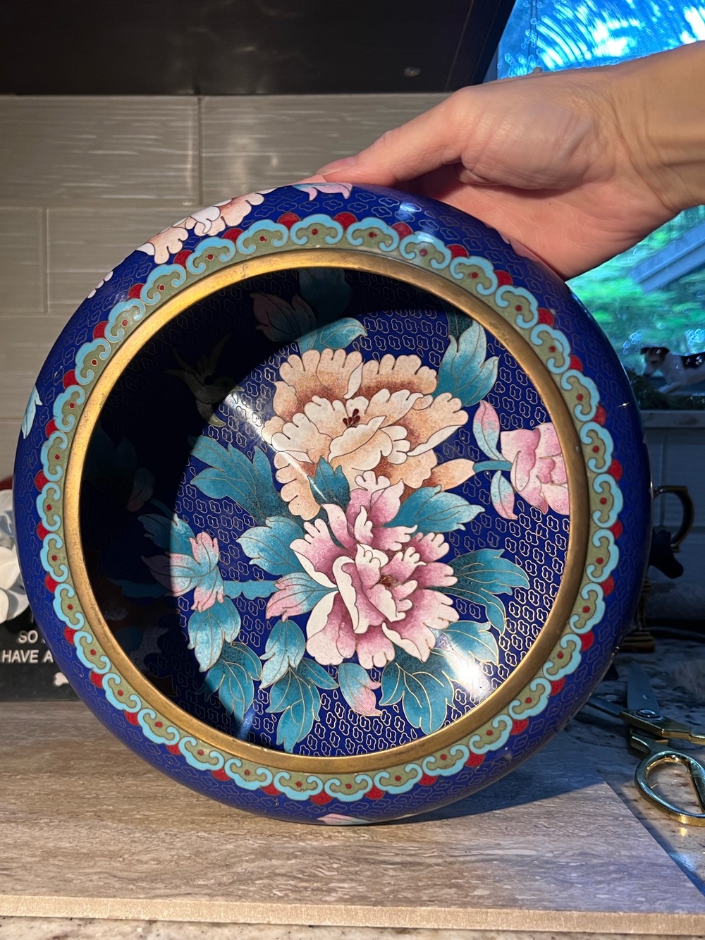 Indigo Blue Floral Cloisonné Bowl - Blue and Pink 10 1/4”X 3 1/2”